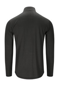 Schwarz langärmliges Sportshirt mit hohem Kragen, von hinten betrachtet, mit sichtbaren Nahtdetails entlang der Ärmel und Seiten.