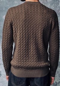 Brązowy sweter z dzianiny o strukturalnym wzorze w warkocze, z okrągłym dekoltem i ściągaczem na dolnym brzegu. Nosi się go na ciemnoniebieskie dżinsy.