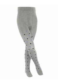 Collants gris ornés d'un motif de petits cœurs noirs et violets, fabriqués en tissu doux avec une texture lisse et une taille élastique.
