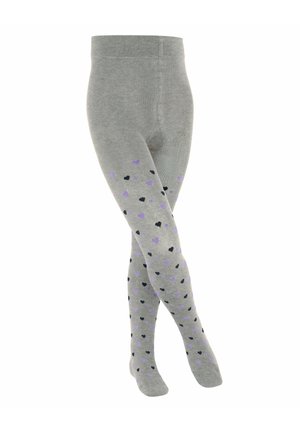 Collants gris ornés d'un motif de petits cœurs noirs et violets, fabriqués en tissu doux avec une texture lisse et une taille élastique.