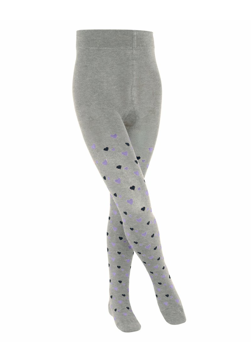 Collants gris ornés d'un motif de petits cœurs noirs et violets, fabriqués en tissu doux avec une texture lisse et une taille élastique.