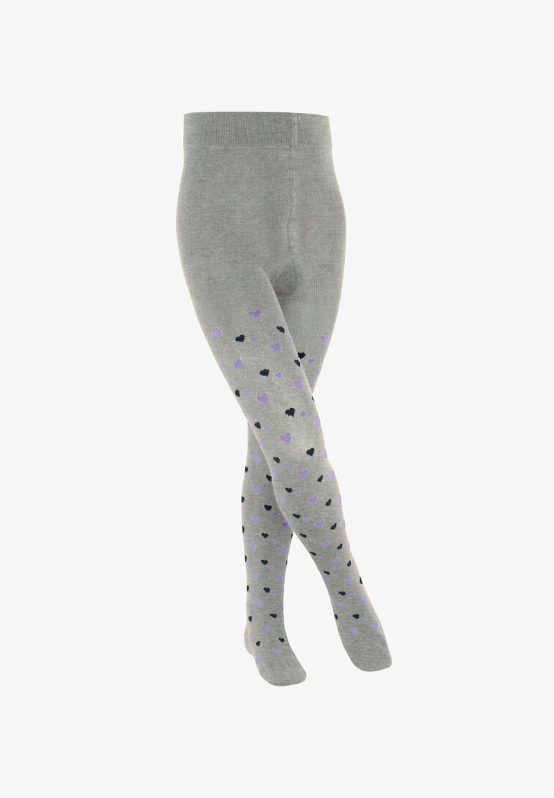 Graue Strumpfhosen mit einem Muster aus kleinen schwarzen und lila Herzen, aus weichem Stoff mit glatter Textur und elastischem Bund.