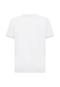 T-shirt bianco in cotone con scollatura rotonda e maniche corte. La parte posteriore è semplice, senza loghi o design. Texture liscia. Vestibilità regolare.