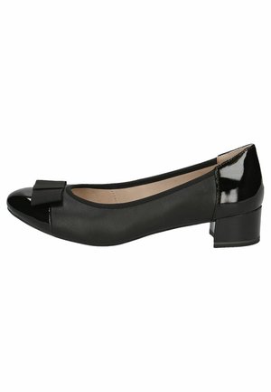Black leather ballet flats with a peep toe, glossy patent toe cap, bow detail on front, and a low block heel.