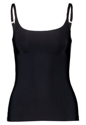Camisole noire avec des bretelles réglables, fabriquée en tissu lisse. Présente un décolleté arrondi et une coupe ajustée sans embellissements.