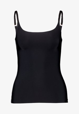 Camisole noire avec des bretelles réglables, fabriquée en tissu lisse. Présente un décolleté arrondi et une coupe ajustée sans embellissements.