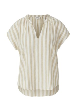 Top a maniche corte a righe beige e bianche, con scollo a V e dettagli arricciati sulle spalle. Tessuto in lino con vestibilità comoda.