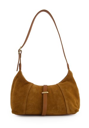 Sac à main en daim marron avec une fine bandoulière en cuir et un accent central en cuir comportant un petit détail doré.