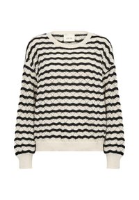 Pull rayé noir et crème avec un motif en vagues, tricot texturé, col rond, et poignets et ourlet côtelés. Léger avec une coupe ample.