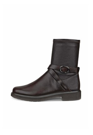 Brown leather ankle boot with a smooth finish, featuring a side buckle strap and a low, flat rubber sole.