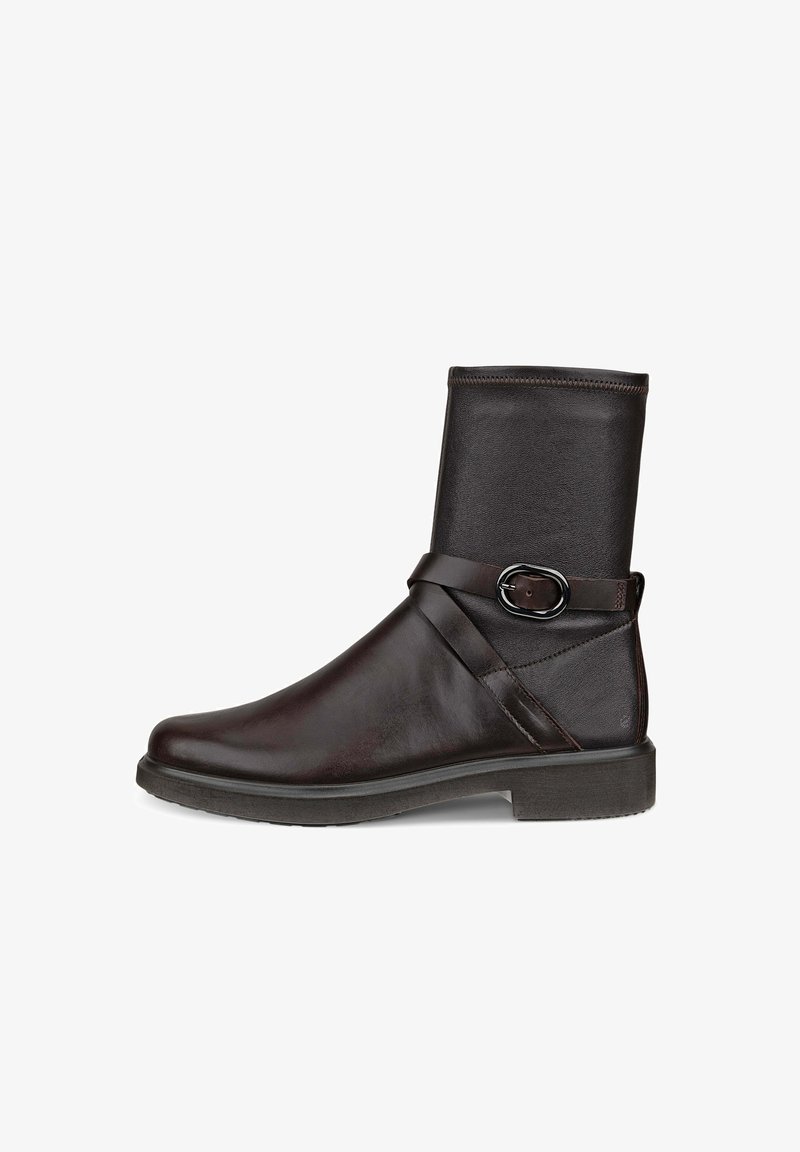 Brown leather ankle boot with a smooth finish, featuring a side buckle strap and a low, flat rubber sole.