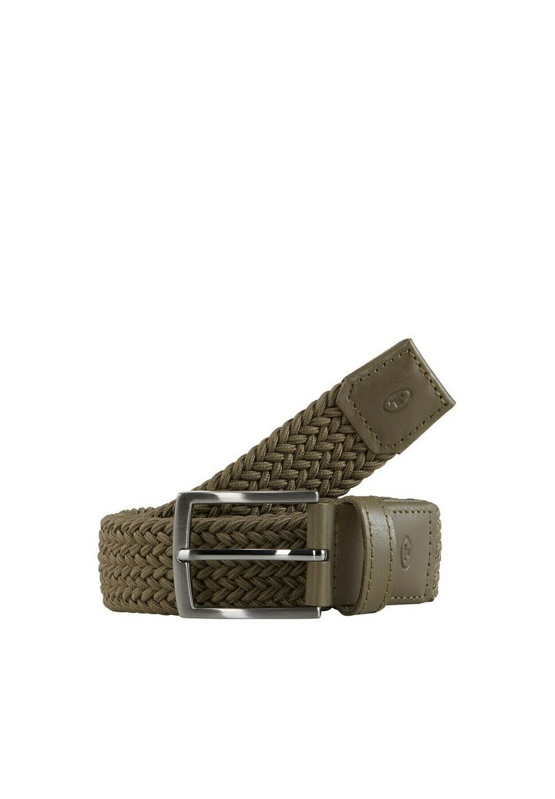 Ceinture tressée couleur olive avec une extrémité en cuir et une boucle en métal. Le motif de tressage offre texture et flexibilité pour un ajustement personnalisable.