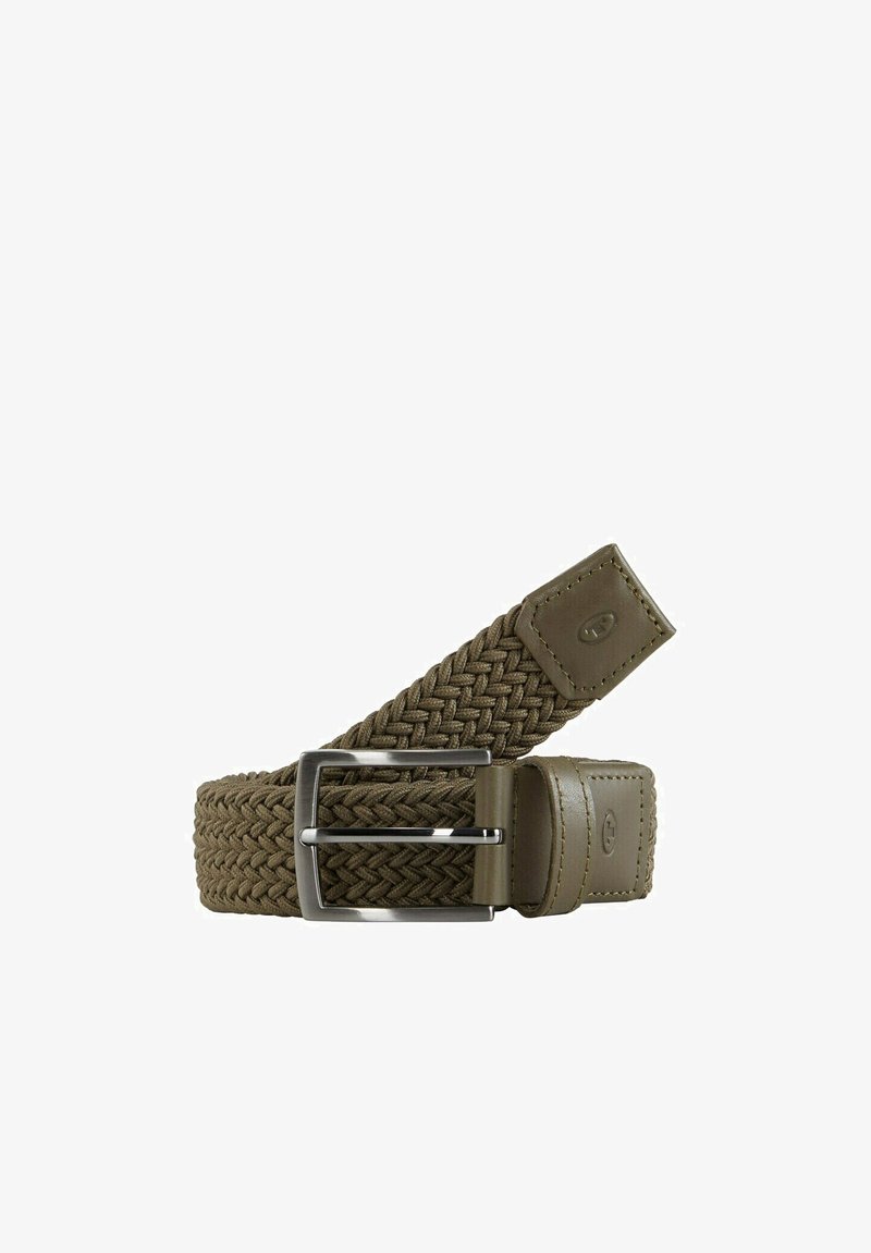 Woven olive green belt featuring a leather tip and metal buckle. The braid pattern offers texture and flexibility for adjustable fit.