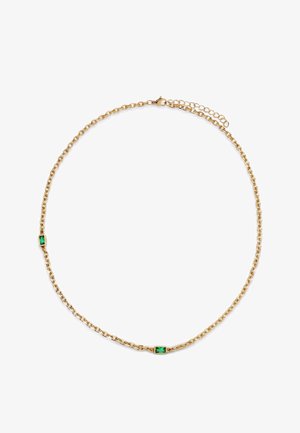 Goldene Halskette mit zwei rechteckigen grünen Edelsteinen, die gleichmäßig entlang der Kette verteilt sind, und einem kleinen verstellbaren Verschluss.