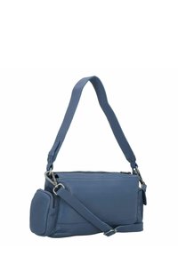 Borsa a tracolla in pelle blu scuro con una sola tracolla, chiusura con zip e tasca esterna con zip. Texture liscia, forma rettangolare.