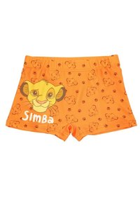 Shorts de bain orange avec un motif ludique de visages de lions, mettant en avant le visage de Simba et des empreintes de pattes, et une taille élastique pour le confort.