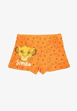 Shorts de bain orange avec un motif ludique de visages de lions, mettant en avant le visage de Simba et des empreintes de pattes, et une taille élastique pour le confort.