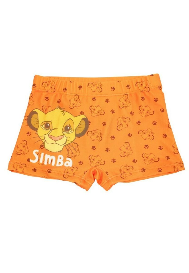 Shorts de bain orange avec un motif ludique de visages de lions, mettant en avant le visage de Simba et des empreintes de pattes, et une taille élastique pour le confort.