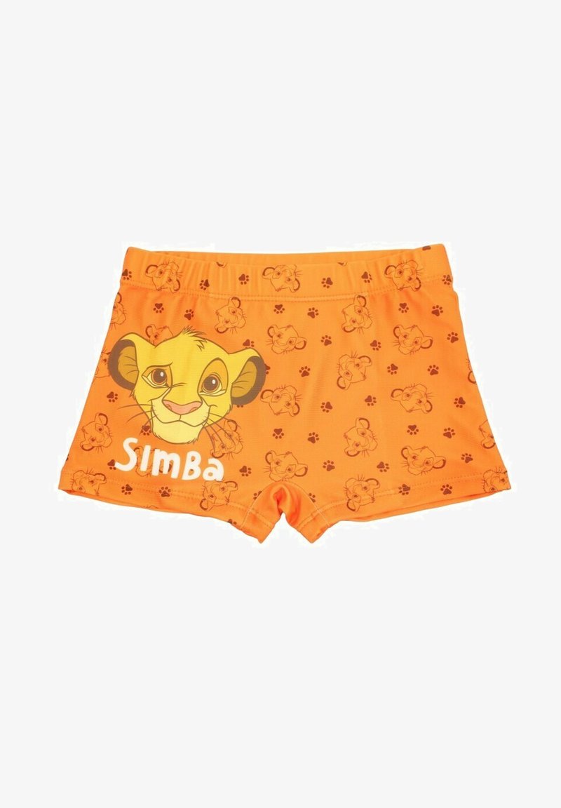 Shorts de bain orange avec un motif ludique de visages de lions, mettant en avant le visage de Simba et des empreintes de pattes, et une taille élastique pour le confort.