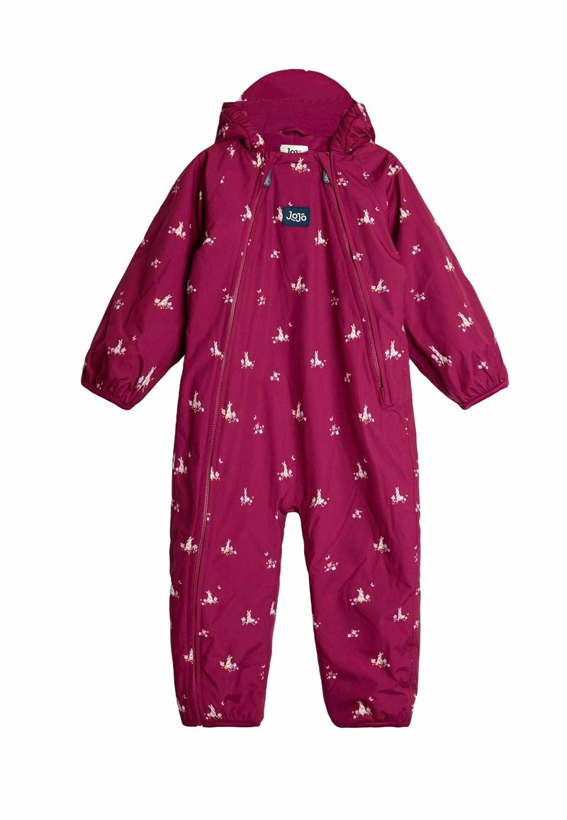 Mono de nieve infantil impermeable burdeos con capucha, que presenta un estampado floral, dos cremalleras frontales y puños elásticos para un ajuste seguro.