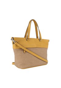 Borsa a tote in pelle gialla e tela beige con due manici superiori, tracolla regolabile e design minimalista. Presenta dettagli cuciti.