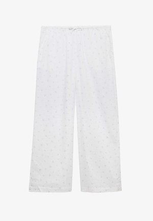 Hvide løse pyjamasbukser med lille blåt og beige blomstermønster og snøre i taljen.