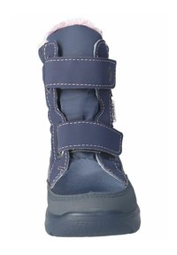 Botas de invierno azules con dos correas ajustables de velcro, un cuello de piel sintética en rosa claro y una suela de goma texturizada.