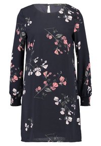 Vestido floral con un fondo azul marino y patrones de flores en rosa y blanco. Mangas largas con puños fruncidos y cierre en forma de llave en la espalda.