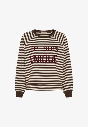 Brun og creme stribet sweatshirt med raglanærmer, der har broderet tekst "Je suis UNIQUE" i bordeaux. Ribbet manchetter og halsudskæring.
