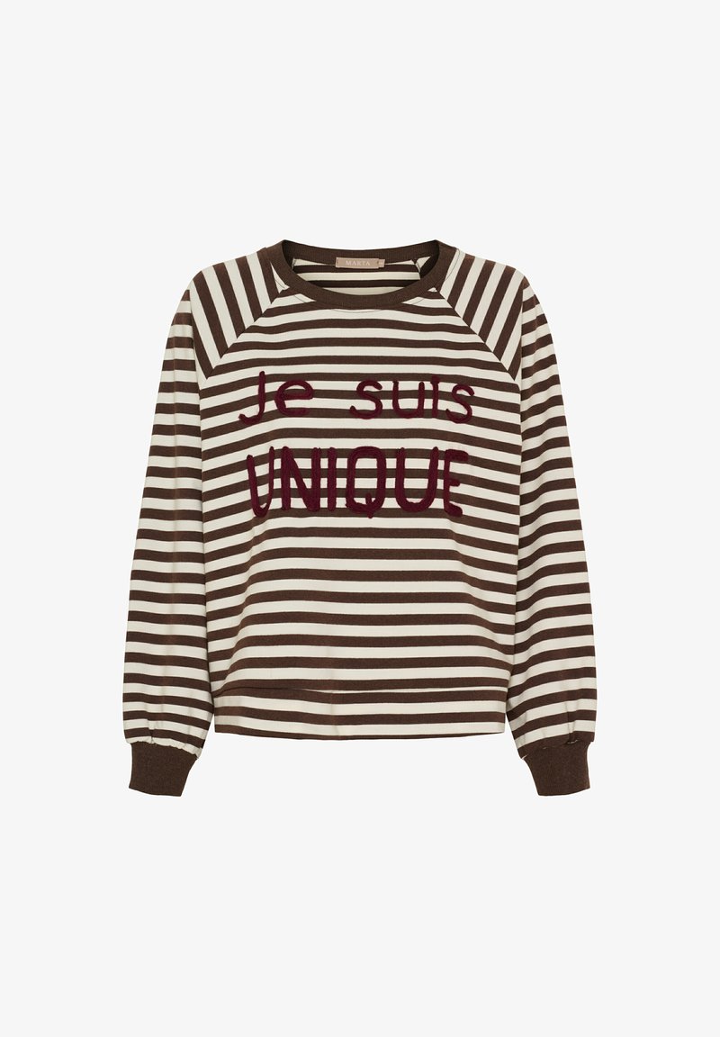 Brun og creme stribet sweatshirt med raglanærmer, der har broderet tekst "Je suis UNIQUE" i bordeaux. Ribbet manchetter og halsudskæring.
