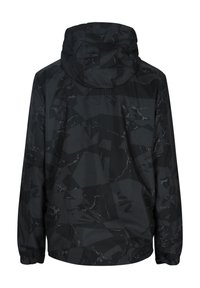 Jachetă neagră cu fermoar și glugă, cu un model geometric și accente strălucitoare. Țesătură netedă, ușoară, cu manșete și tiv elastic.