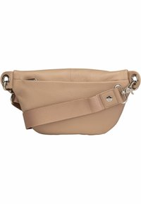 Borsa a tracolla in pelle beige con finitura testurizzata, dotata di una ampia tracolla in tessuto, hardware in argento e forma rotonda.