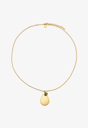 Zarte goldene Halskette mit tropfenförmigem Anhänger und kleinem grünen Perlakzent nahe dem Verschluss und oben am Anhänger.