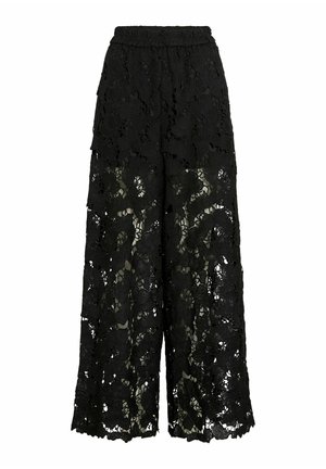 Čierne široké nohavice s kvetinovou čipkovou vrstvou a elastickým pásom, polopriesvitný dizajn odhaľujúci vnútornú podšívku.