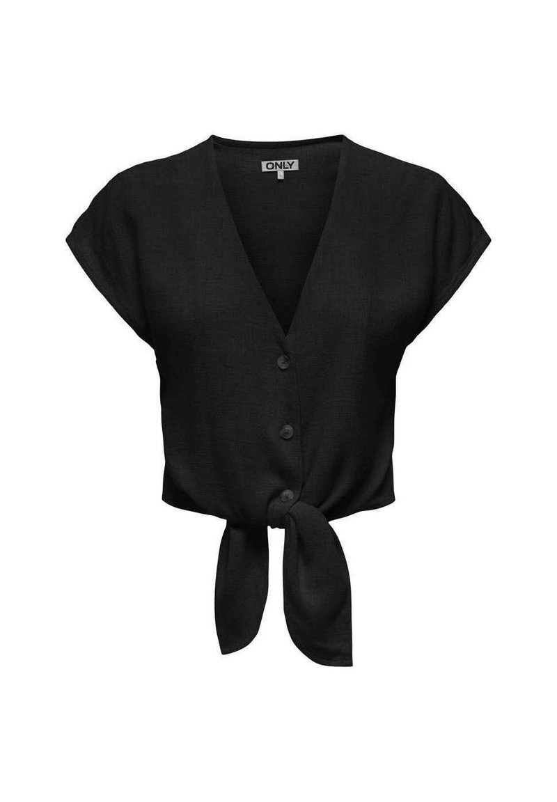 Black cropped top made of lightweight fabric with a V-neckline, short sleeves, button front, and a tied waist detail.