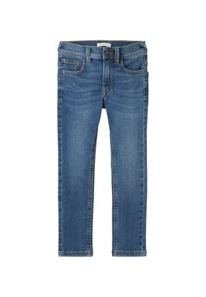 Blaue Jeans aus Denim mit klassischem geradem Schnitt. Verfügt über Vordertaschen, einen Knopfverschluss und dezente Used-Effekte an den Oberschenkeln.