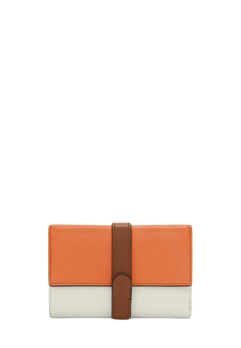 Oranger und weißer Leder Geldbeutel mit einem braunen Akzentstreifen. Texturierte Oberfläche, rechteckige Form und ein sicherer Verschluss vorne.