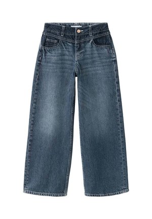 Jean bleu à jambes larges avec poches avant et poche monnaie, fermeture à boutons et coutures visibles sur fond blanc.