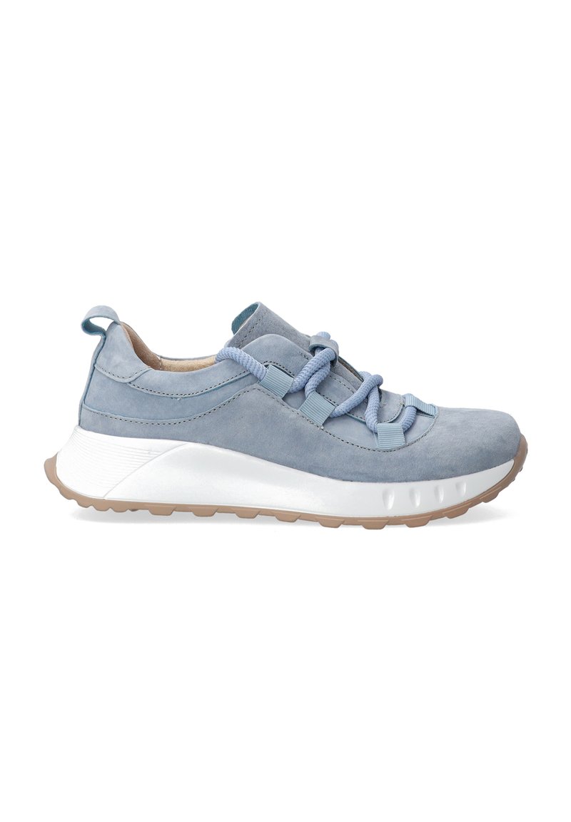 Blaue Wildleder-Sneaker mit einer weißen Zwischensohle, strukturiertem Sohle, elastischen Schnürsenkeln und einem Zugtab. Glatte Oberfläche mit runder Zehenform.