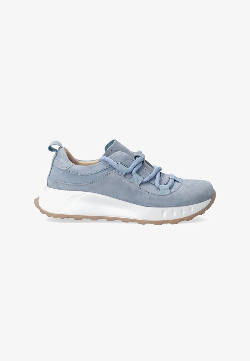 Blaue Wildleder-Sneaker mit einer weißen Zwischensohle, strukturiertem Sohle, elastischen Schnürsenkeln und einem Zugtab. Glatte Oberfläche mit runder Zehenform.