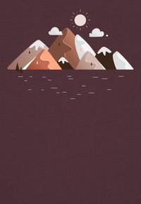 Bergkette mit schneebedeckten Gipfeln, zwei Wolken, Sonne darüber und zwei kleine Bäume am Fuß vor einem dunklen Hintergrund.