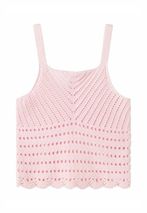 Haut court en tricot rose avec de fines bretelles, présentant un motif géométrique de rayures et un ourlet en forme de vagues, fabriqué à partir d'un tissu léger.