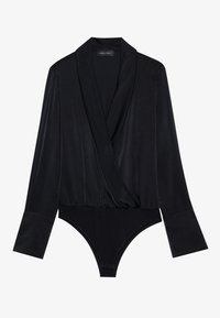 Body nero con maniche lunghe, design avvolgente e texture liscia. Presenta una scollatura profonda e una vestibilità aderente in vita e nei fianchi.