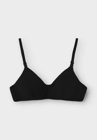 Schwarzer Triangel-Bralette mit verstellbaren, dünnen Trägern, nahtlosem Design, weichem Stoff und Bügeln für Unterstützung. Schlichte und minimalistische Form.