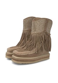 Botas de tobillo de ante marrón con detalles de flecos, adornos de cristal, interior suave y una suela gruesa y texturizada.