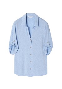 Light blue button-up shirt made of soft fabric, featuring a collar, roll-up sleeves with button accents, and a rounded hem.