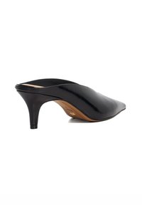 Black leather mule with a sleek pointed toe and low stiletto heel. Features a smooth finish and slip-on design. Sole is tan.