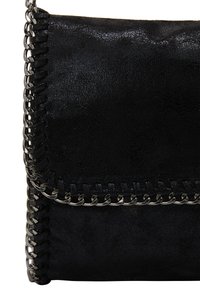 Sorte clutch-pung lavet af tekstureret materiale. Har en kædedetalje langs kanten og et glat topklap. Pyntet med metallisk hardware.