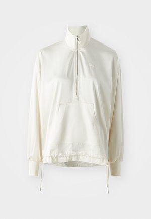 Lichtcrème kwart-rits sweater met een voorzak, trekkoord aan de onderkant en geborduurd logo in dezelfde kleur op de borst. Zachte stofstructuur.