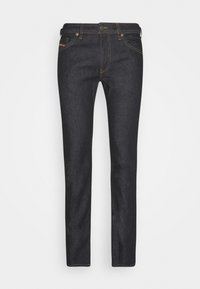 Mörk denimjeans med rak skärning, synlig sömnad i en kontrasterande färg och femficksdesign. Har en knapplåsning och dragkedja.